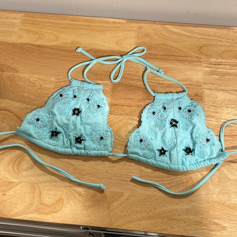 Custom hand made Embellished Blue Bikini Top. With crystals. Worn 1 time.